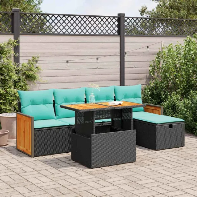 vidaXL 6-delige Loungeset met kussens poly rattan acacia zwart, foto 2
