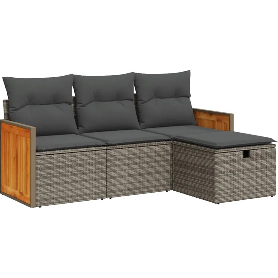 vidaXL 4-delige Loungeset met kussens poly rattan grijs, foto 3