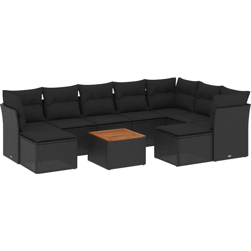 vidaXL 10-delige Loungeset met kussens poly rattan zwart