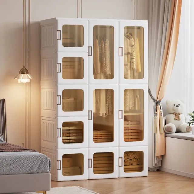 ROSAHQNDA Verplaatsbare kledingkast 104 x 170 x 50 cm – Eenvoudig te monteren, opvouwbare multifunctionele kast met 2 kledingroedes en 11 transparante deuren met magneetsluiting – Opbergkast voor slaapkamer of woonkamer – Wit transparante+Wit +11 deuren