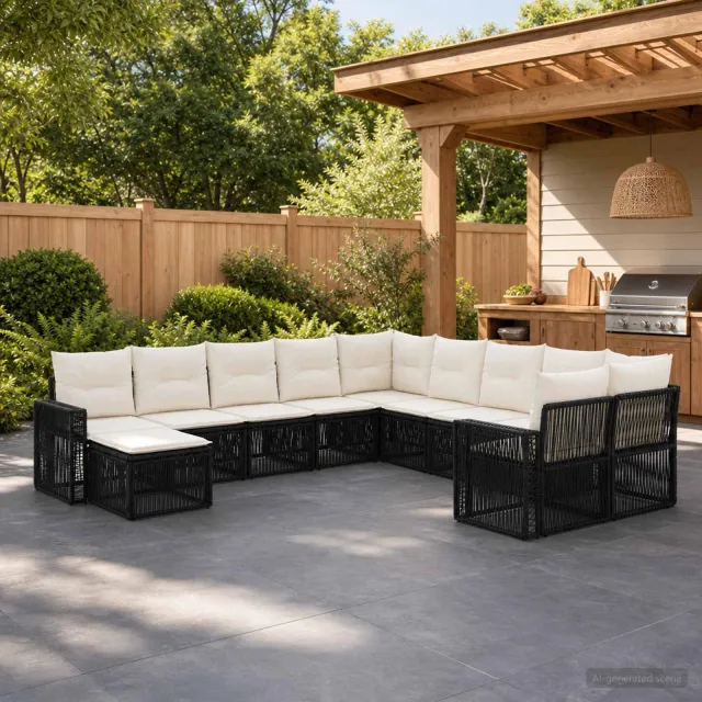 vidaXL Tuinbankenset 11 st 11-zits Zwart en Cream Wit poly rattan, foto 2