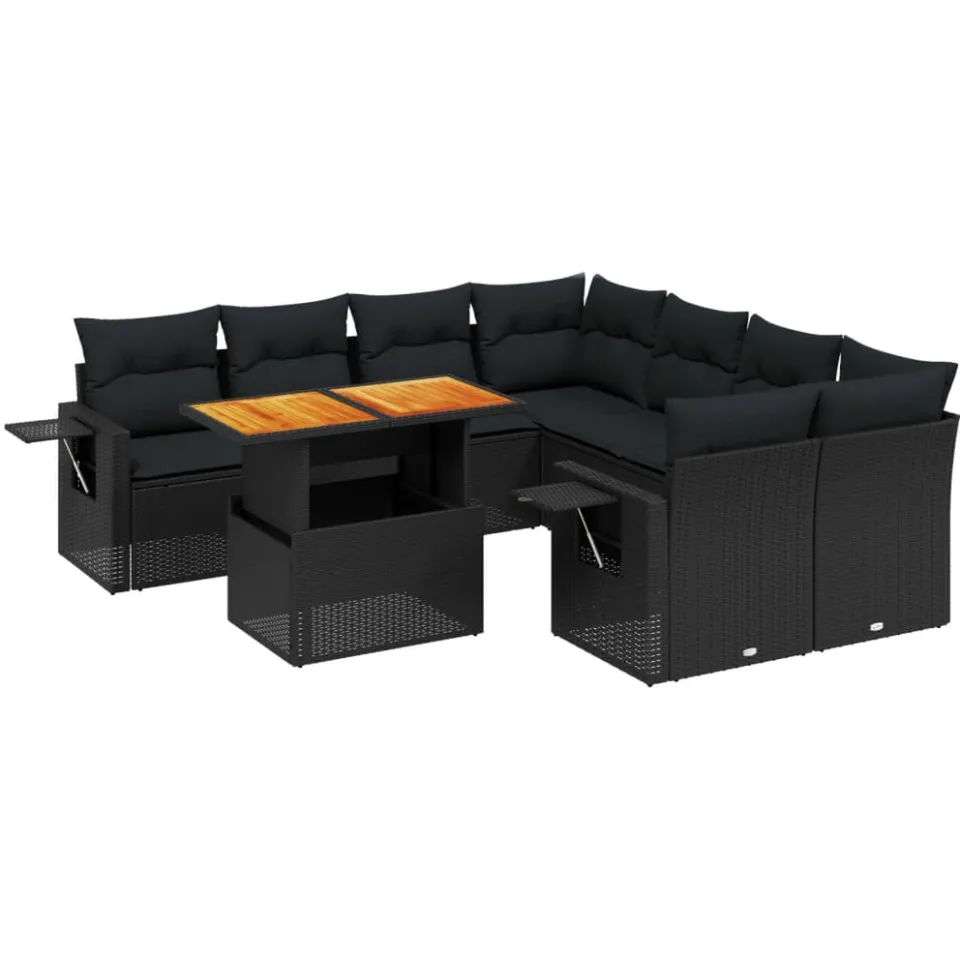 vidaXL 9-delige Loungeset met kussens poly rattan zwart, foto 3