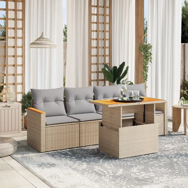 vidaXL 5-delige Loungeset met kussens poly rattan beige, foto 2