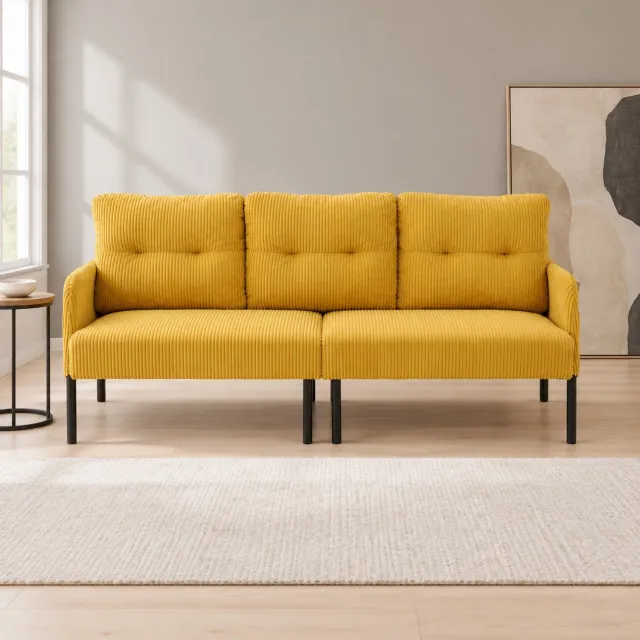 WUVRIE 3-zits bank 171x72x80 cm - Corduroy bekleding, hoge rugleuning en zijvak - Geel