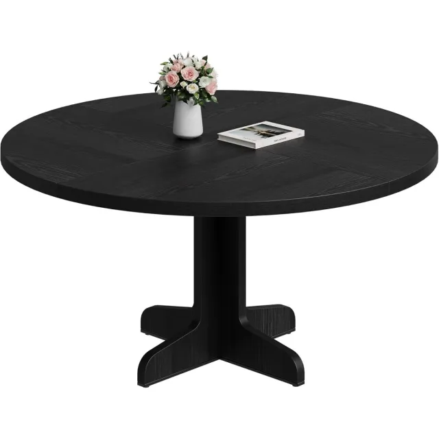 HOERFURIY Eettafel rond 120 cm voor 4 personen - zwarte ronde eettafel met houten kruisvoet - 120x120x76 cm keukentafel - alleen tafel - Zwart