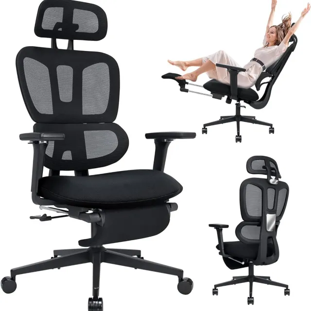 whiqutey Ergonomische Netstof Kantoostoel met Intrekbare Voetensteun – Hoge Rugleuning, Dubbele Rugondersteuning, Verstelbare Lendensteun, 2D Hoofdsteun & Zachte Zitting voor Thuis of Kantoor zwart