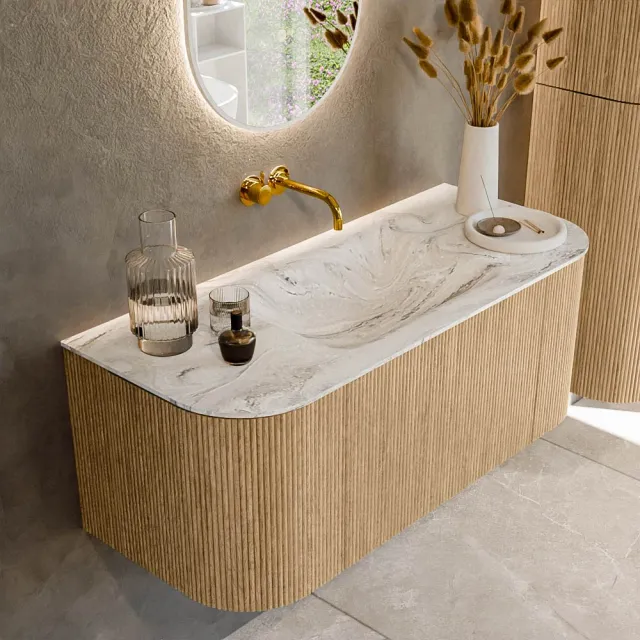Mondiaz KURVE-DLUX 110 cm Onderkast Greeploos 1 Lade Met Deuren Oak, Wastafel Solid Surface Midden Glace 0 Kraangaten Zonder Spiegel (KRVCLO110L+R1L2D0KM-Oak/Gla)