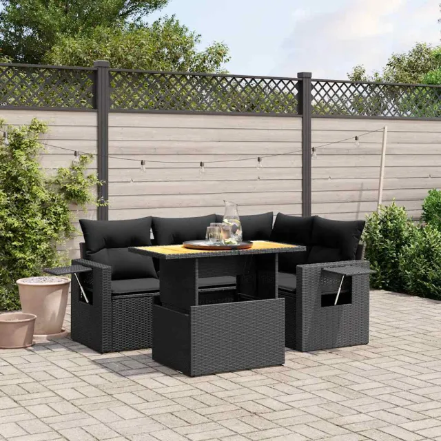 vidaXL 5-delige Loungeset met kussens poly rattan zwart, foto 2