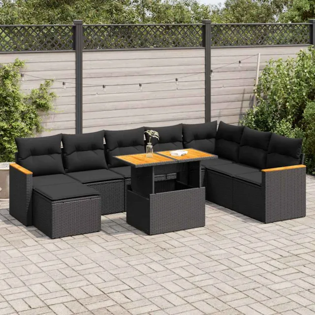 vidaXL 9-delige Loungeset met kussens poly rattan acacia zwart, foto 2
