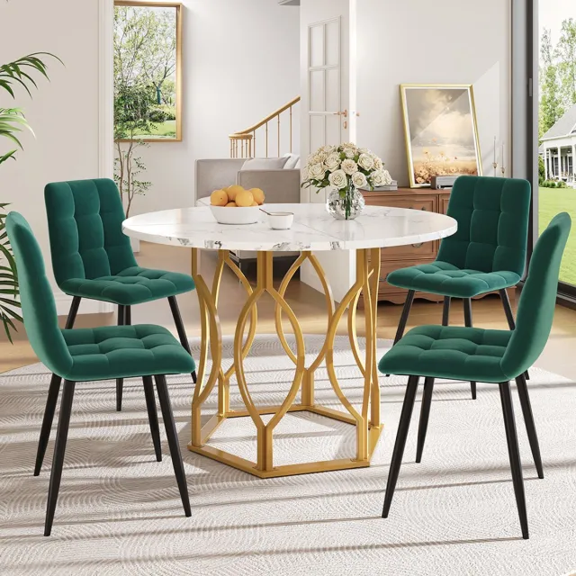 Pugsdrly Eettafelset (5-delig), eettafelset met 4 stoelen, keukentafelset, ronde eettafel met een diameter van 100 cm met goudkleurige metalen poten, wit MDF-blad, eetkamerstoelen van donkergroen fluweel Veelkleurig