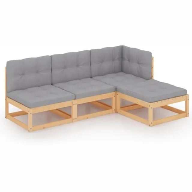 vidaXL 4-delige - Loungeset - met - kussens - massief - grenenhout Naturel