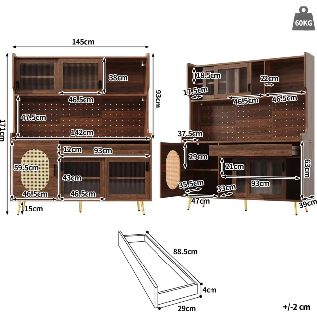 in& out door furniture Buffetkast, 145x39x171 cm, landelijke stijl, 5 deuren, met LED-verlichting en ordnerplaat, deuren met geribbeld glas, Bruin