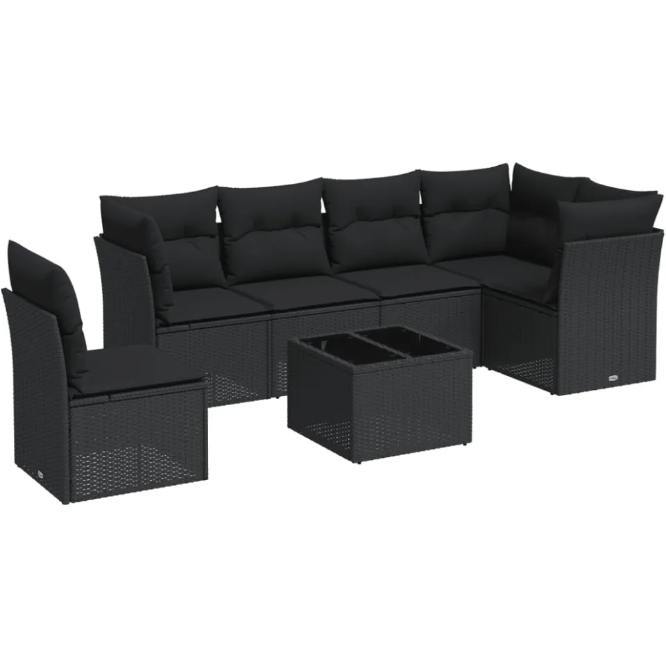 vidaXL 7-delige Loungeset met kussens poly rattan zwart