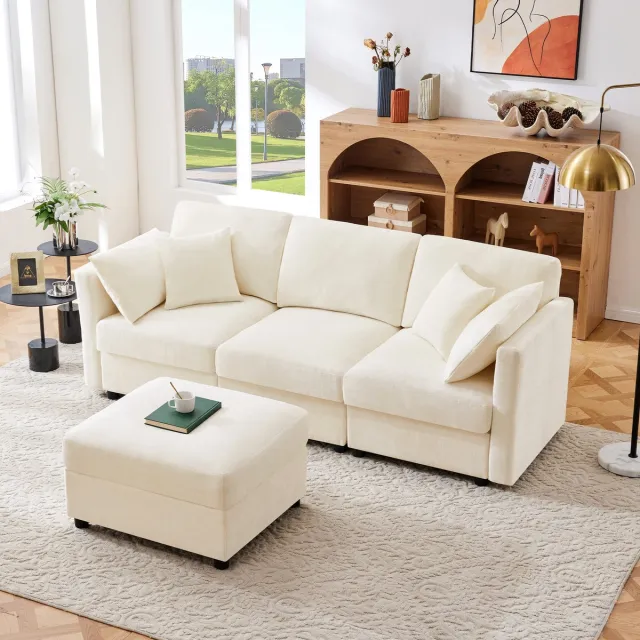 MODENUIT Hoekbank 218 x 156,5 cm - Verstelbare Armleuningen en Verplaatsbare Hocker - Voor Woonkamer - Chenille Beige