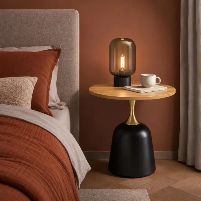 REDOM Bijzettafel - Rond blad van 60 cm - Metalen onderstel met verzwaarde voet - Veelzijdig inzetbaar - Scandinavische stijl - Melamine - Houtkleur Zwart Goud - 60 x 60 x 58 cm