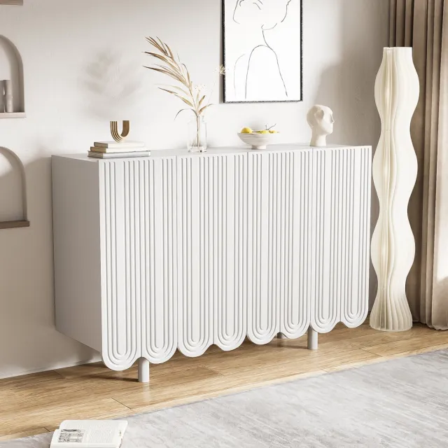 MEUNIQ dressoir 120 x 37,5 x 80,8 cm – wit 4-deurs sideboard met planken, druppelvormige deurpanelen en dempende scharnieren voor woonkamer