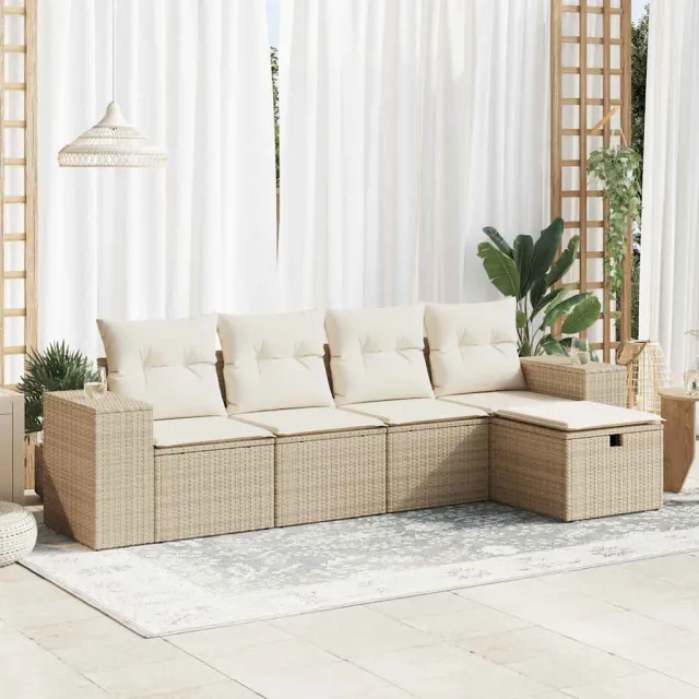 vidaXL 5-delige Loungeset met kussens poly rattan beige, foto 2