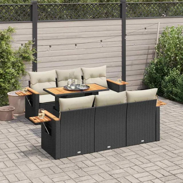 vidaXL 7-delige Loungeset met kussens poly rattan acacia zwart, foto 2