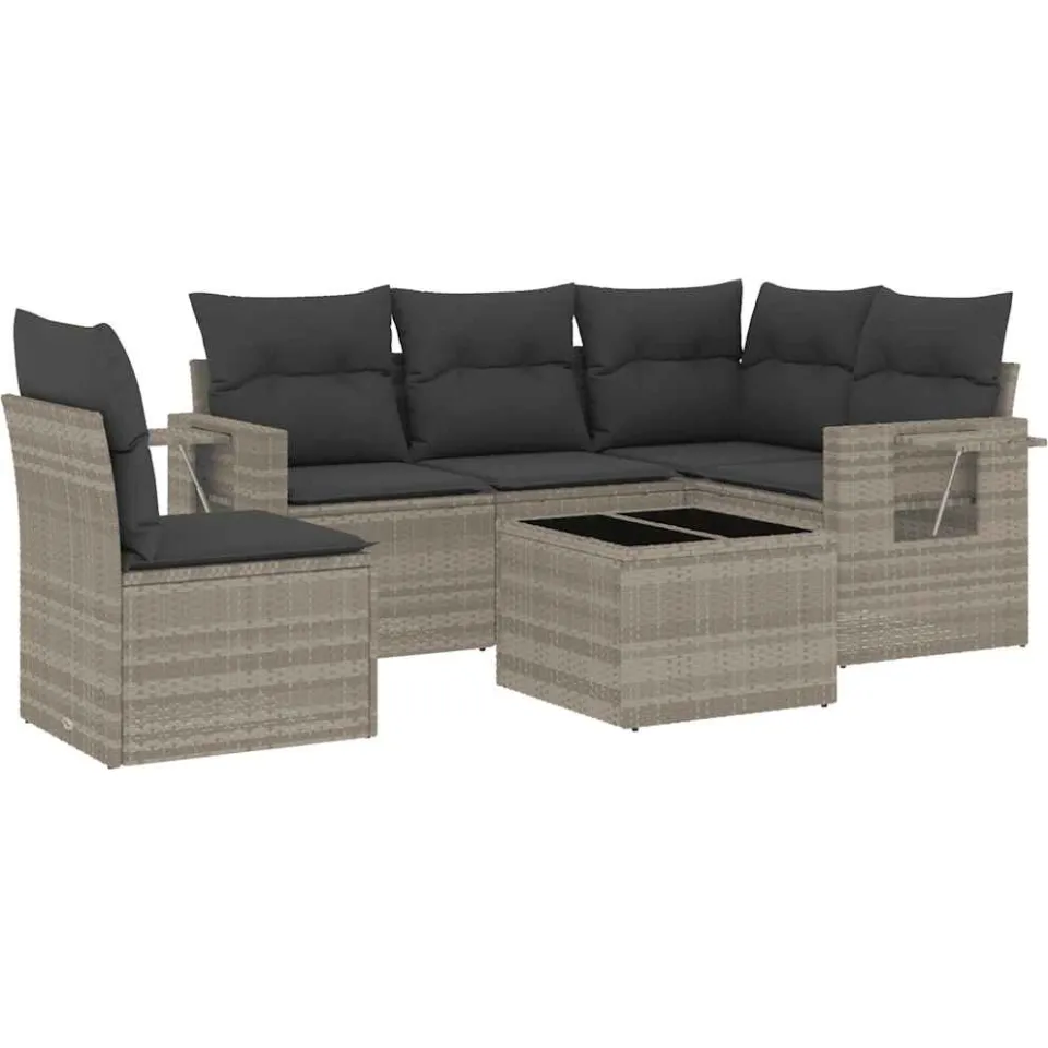 vidaXL 6-delige Loungeset met kussens poly rattan lichtgrijs grijs