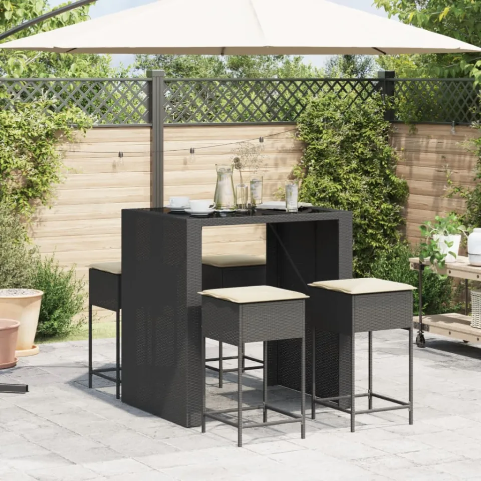 vidaXL 5-delige Tuinbarset met kussens poly rattan zwart, foto 3
