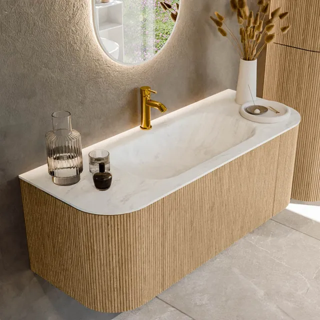 Mondiaz KURVE-DLUX 120 cm Onderkast Greeploos 1 Lade Met Deuren Oak, Wastafel Solid Surface Midden Opalo 1 Kraangat Zonder Spiegel (KRVBGS120L+R1L2D1KM-Oak/Opa)