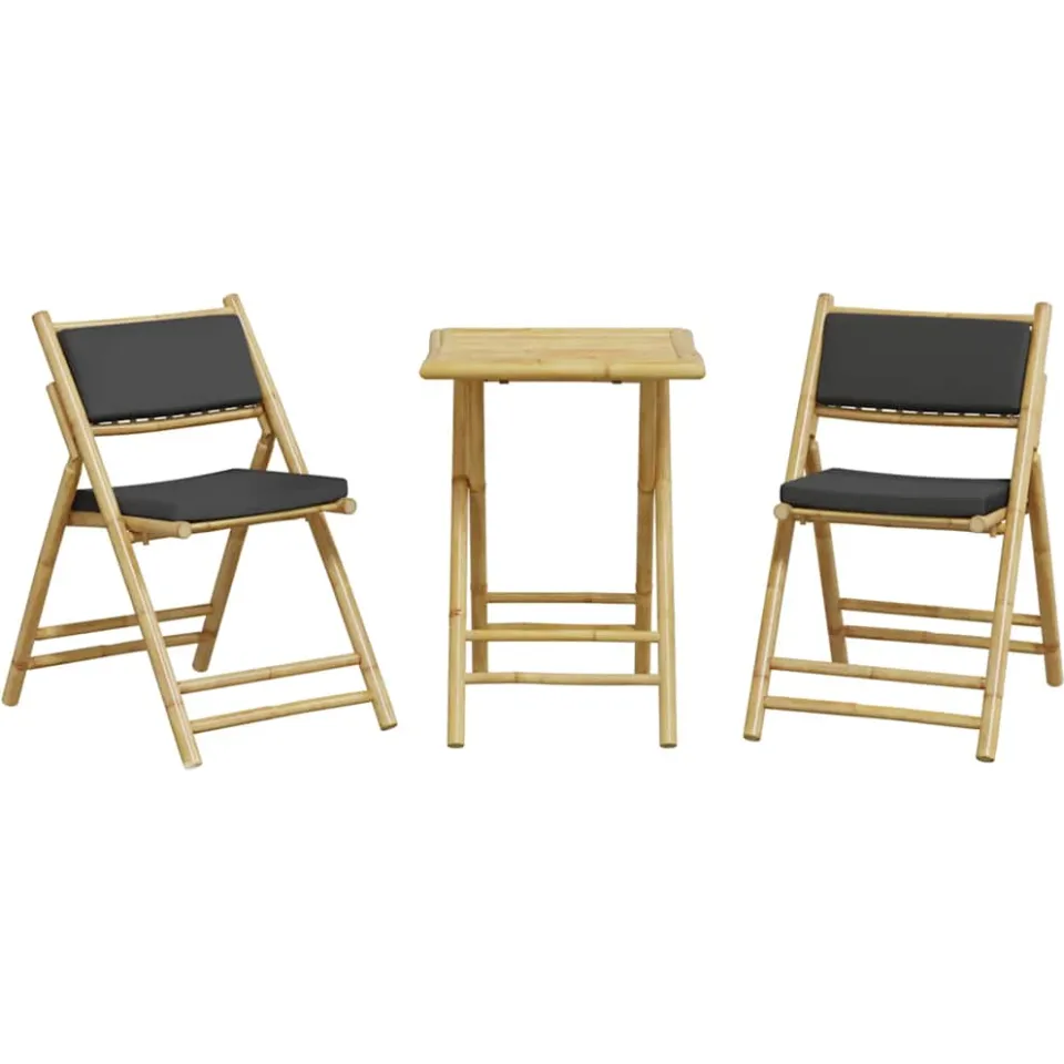 vidaXL 3-delige Bistroset inklapbaar met kussens bamboe donkergrijs bruin, foto 4