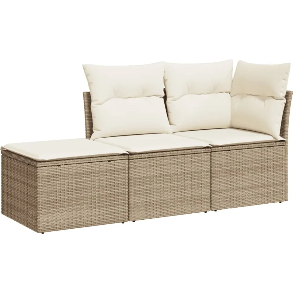 vidaXL 3-delige Loungeset met kussens poly rattan beige, foto 3