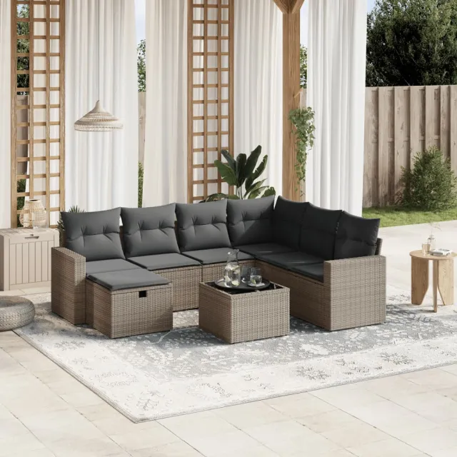 vidaXL 8-delige Loungeset met kussens poly rattan grijs, foto 2
