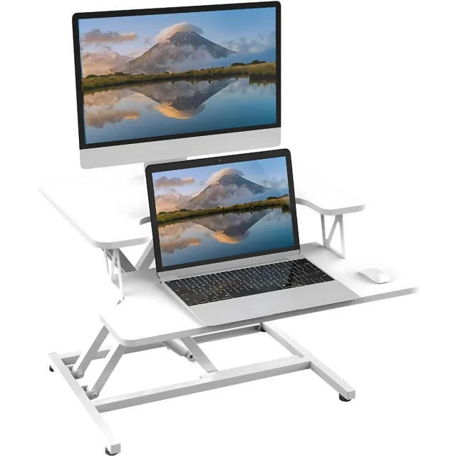 Livista Sit-Stand Desk Gas-Spring - Laptoptafel - Zit Sta Bureau - Computertafel - Zit Sta Verhoger - Bureautafel - Groot Scherm en Toetsenbord Blad - Ruimte voor 2 Schermen - Nieuw Model - Wit