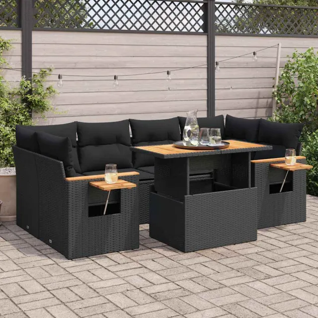 vidaXL 7-delige Loungeset met kussens poly rattan acacia zwart, foto 2