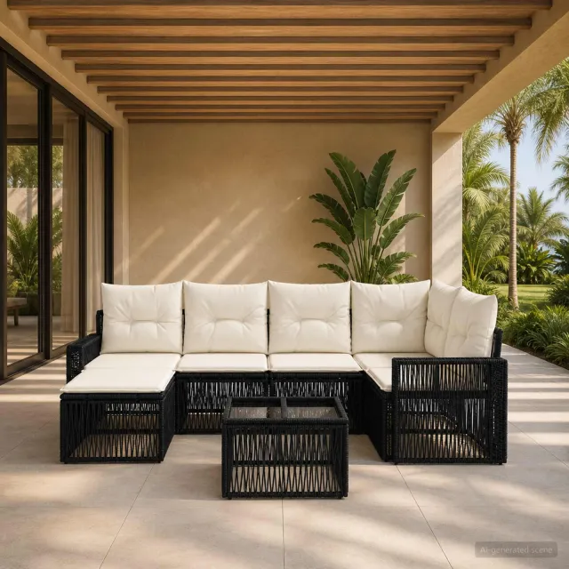 vidaXL Tuinbankenset 7 st 8-zits Zwart en Cream Wit poly rattan, foto 2