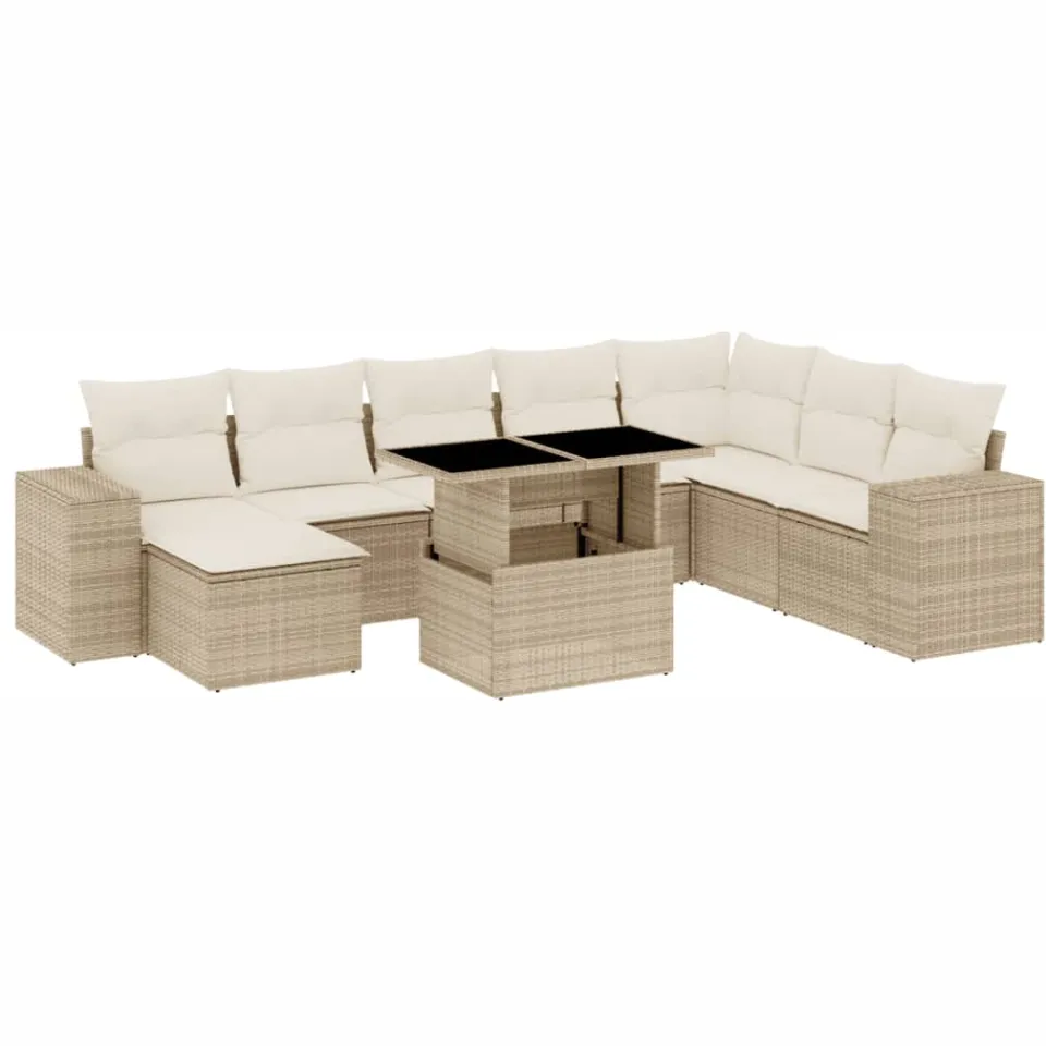 vidaXL 9-delige Loungeset met kussens poly rattan beige, foto 3