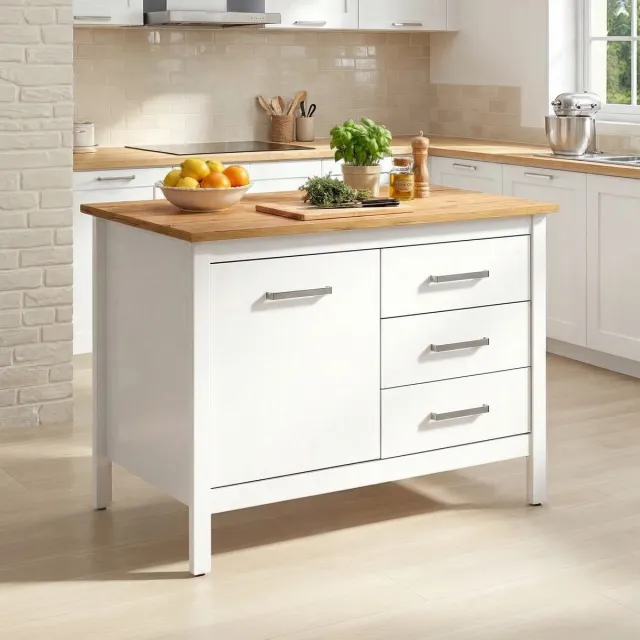 Interlink SAS Interlink - kookeiland Piazza wit /eik met 3 laden en 1 deur - 124x75cm