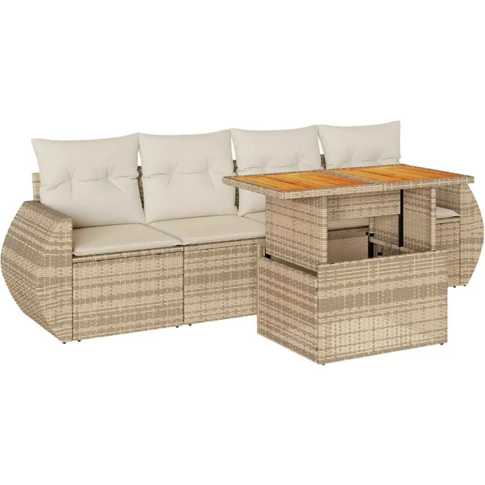 vidaXL 5-delige Loungeset met kussens poly rattan beige, foto 3