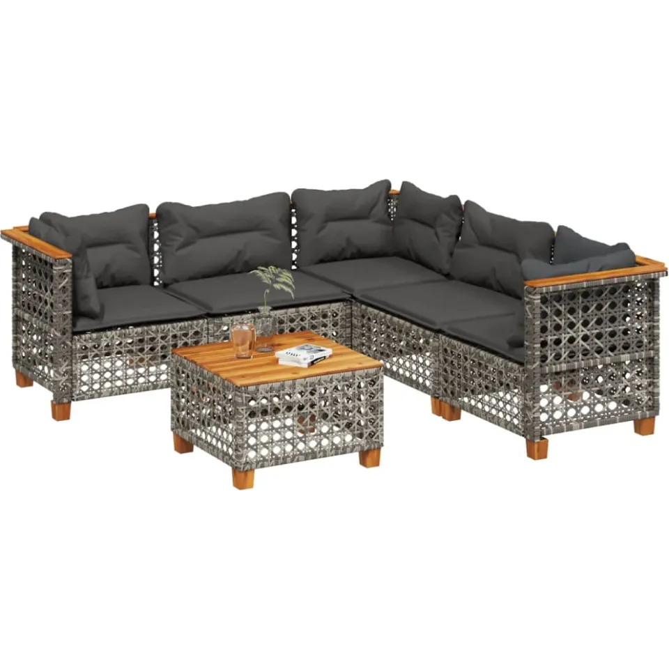 vidaXL 6-delige Loungeset met kussens poly rattan grijs, foto 3