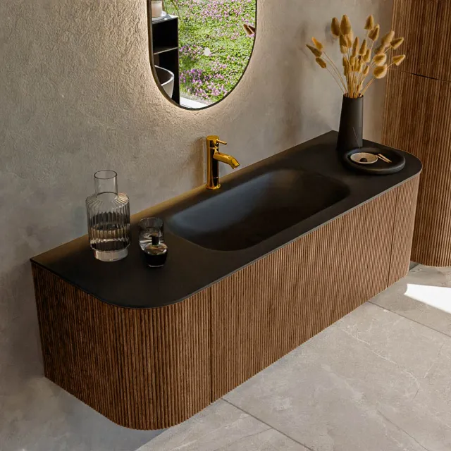 Mondiaz KURVE-DLUX 140 cm Onderkast Greeploos 1 Lade Met Deuren Walnut, Wastafel Solid Surface Midden Lava 1 Kraangat Zonder Spiegel (KRVBGS140L+R1L2D1KM-Wal/Lav)