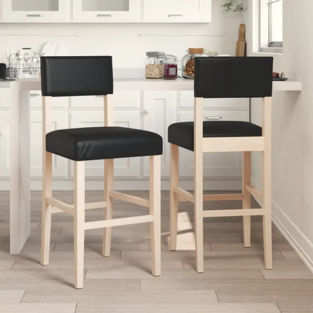 vidaXL Barstoelen 2 st massief rubberhout en kunstleer Zwart