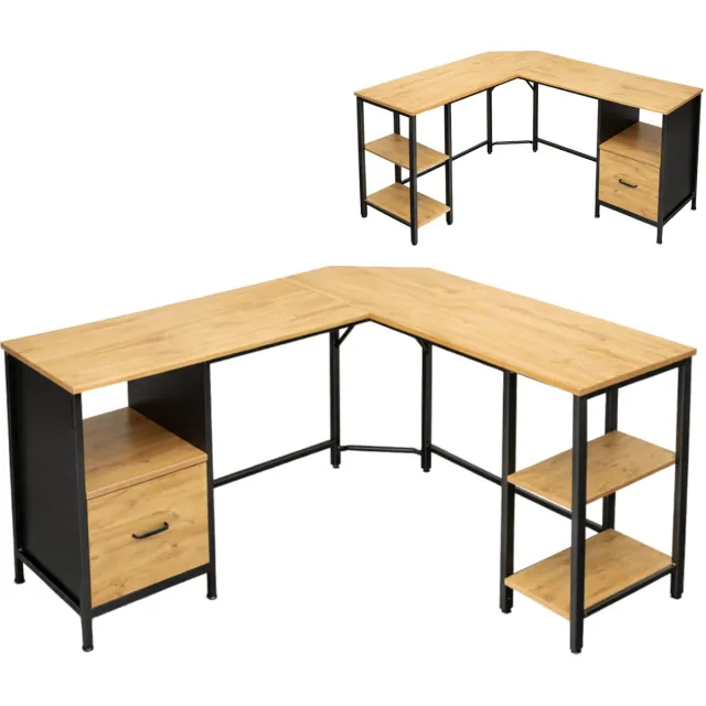 BEGRYF Hoekbureau - elzenkleur - met lade en planken - 149x149x74,5 cm Elzenkleur / Zwart
