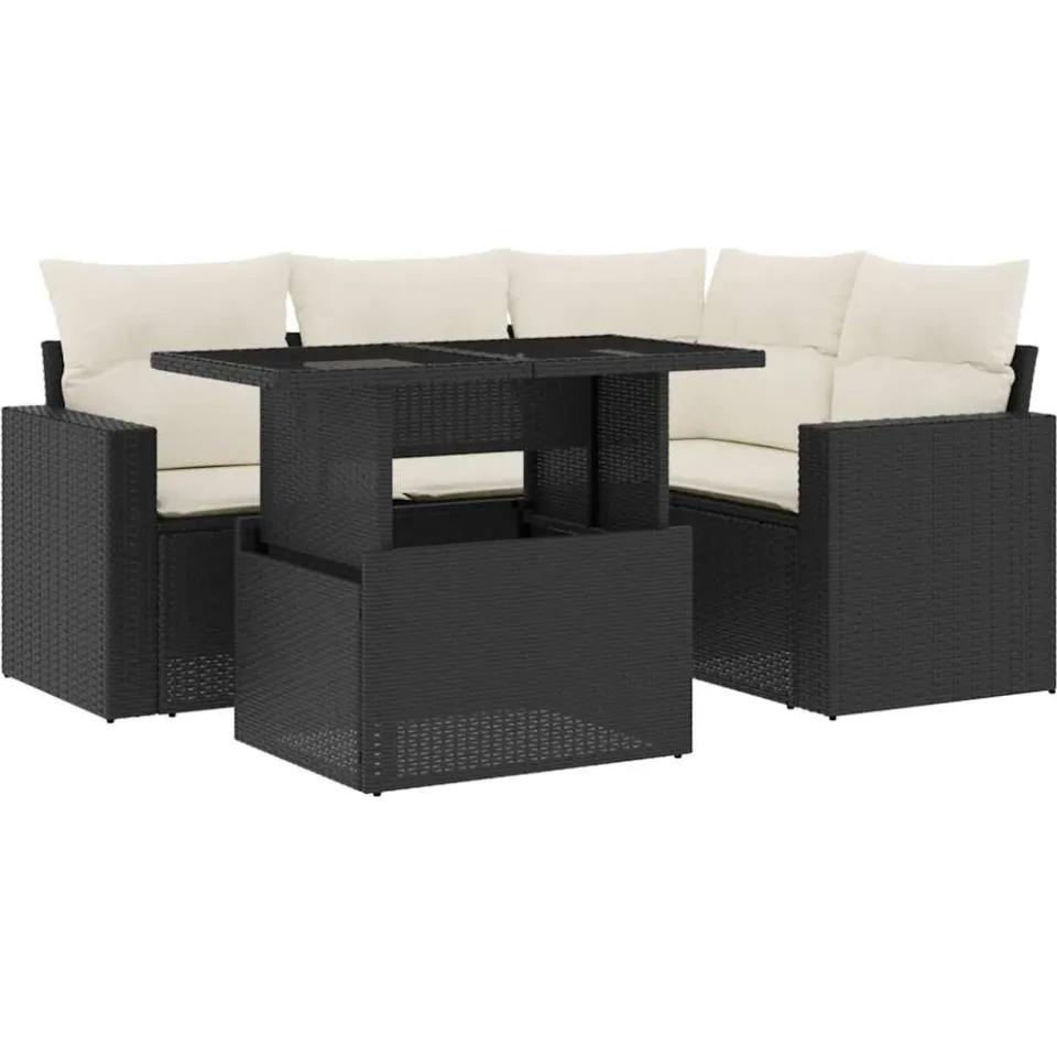 vidaXL 5-delige Loungeset met kussens poly rattan zwart