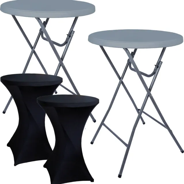Brasq Statafel Grijs – Ø80 x 110 cm – Inklapbare Statafel – Partytafel – Bartafel – Vouwtafel – Voor Binnen en Buiten – Kunststof & Metaal – Set van 2 Incl. Zwarte Statafelrokken 2 statafels Grijs + 2 Zwarte statafelrokken