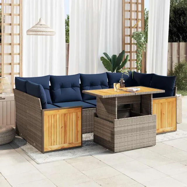 vidaXL 7-delige Loungeset met kussens poly rattan acacia grijs, foto 2