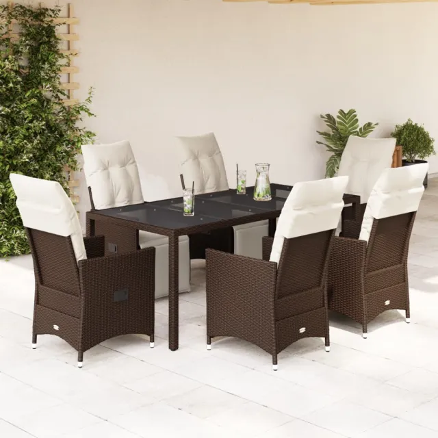 vidaXL 7-delige Bistroset met kussens poly rattan bruin
