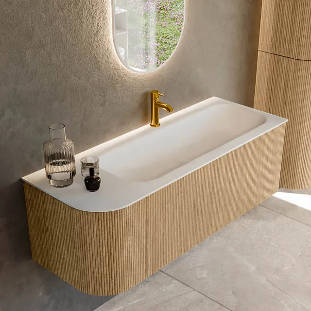 Mondiaz KURVE 125 cm Onderkast Greeploos 1 Lade Met Deuren Oak, Wastafel Solid Surface Rechts Talc 1 Kraangat Zonder Spiegel (KRVBGM125L1L1D1KR-Oak/Tal)