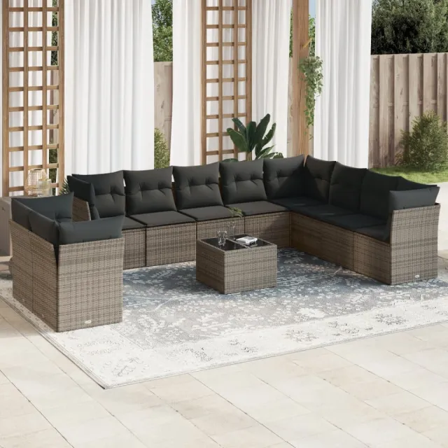 vidaXL 11-delige Loungeset met kussens poly rattan grijs