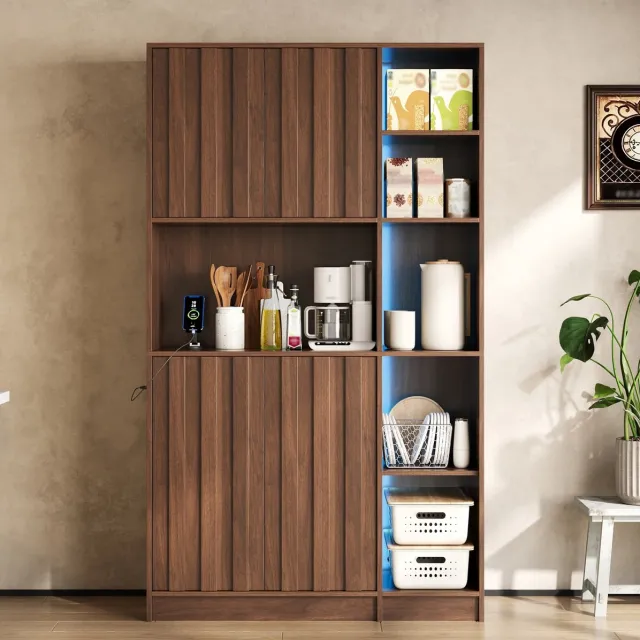 MODENUIT Keukenkast 105 x 40 x 180 Cm - Ledverlichting Met Stopcontact En Open Vakken - Keuken - MDF - Walnoot