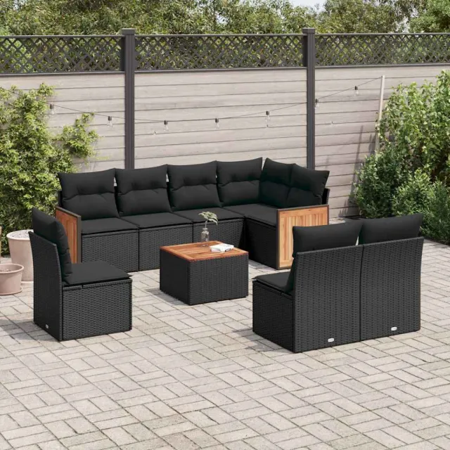 vidaXL 9-delige Loungeset met kussens poly rattan zwart, foto 2