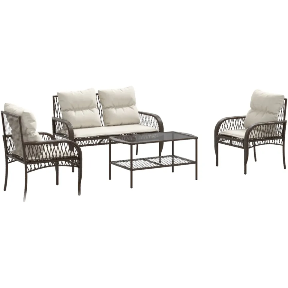 vidaXL 4-delige Loungeset met kussens poly rattan bruin, foto 3
