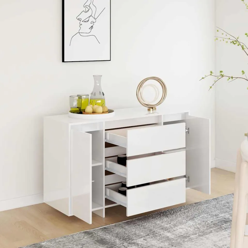 vidaXL Dressoir met 3 lades 120x41x75 cm bewerkt hout hoogglans wit, foto 3