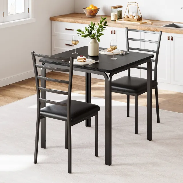 HOERFURIY Compacte Zwarte Eettafel Set voor 2 Personen - Vierkante Keukentafel met 2 Gestoffeerde Stoelen - Ruimtebesparende 3-Delige Eethoek voor Kleine Ruimtes & Studio's