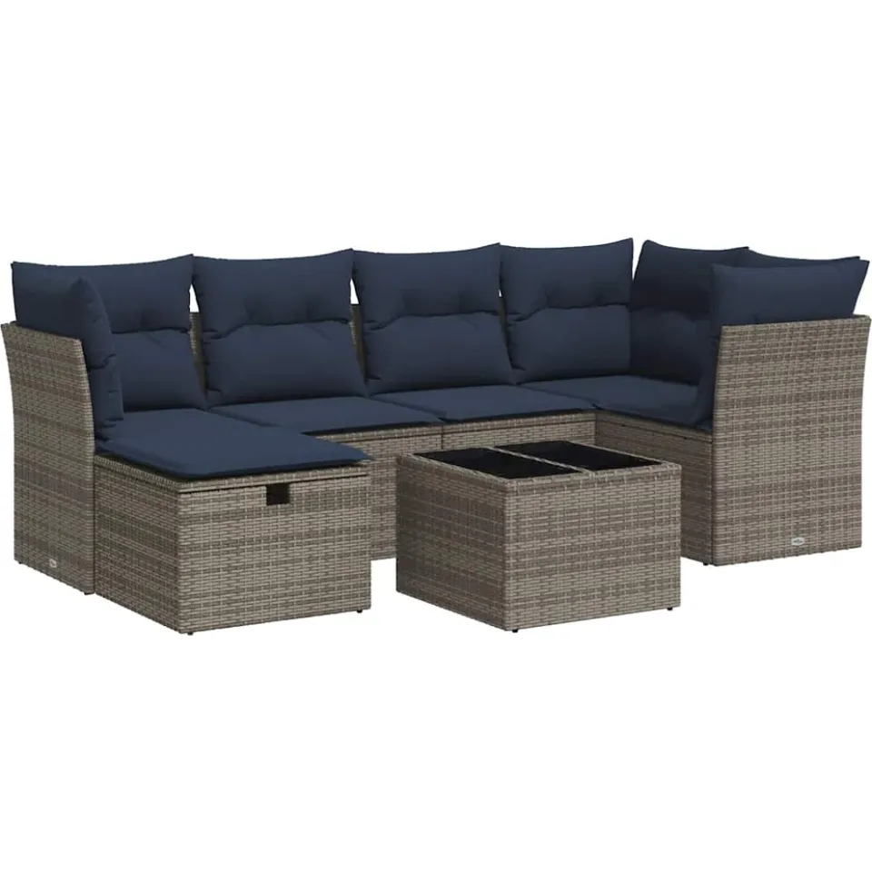 vidaXL 7-delige Loungeset met kussens poly rattan grijs, foto 3
